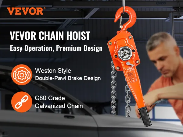 VEVOR manual lever chain hoist showcasing easy operation, weston style brake, and g80 grade galvanized chain.
