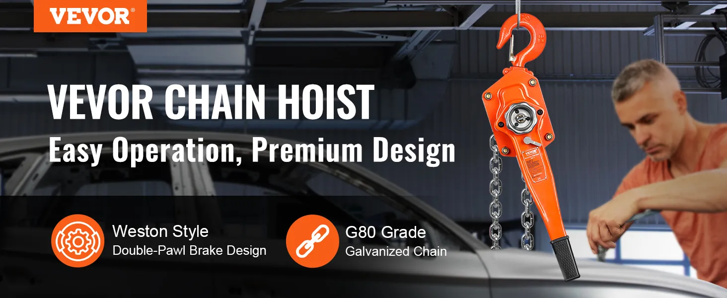 VEVOR manual lever chain hoist showcasing easy operation, weston style brake, and g80 grade galvanized chain.
