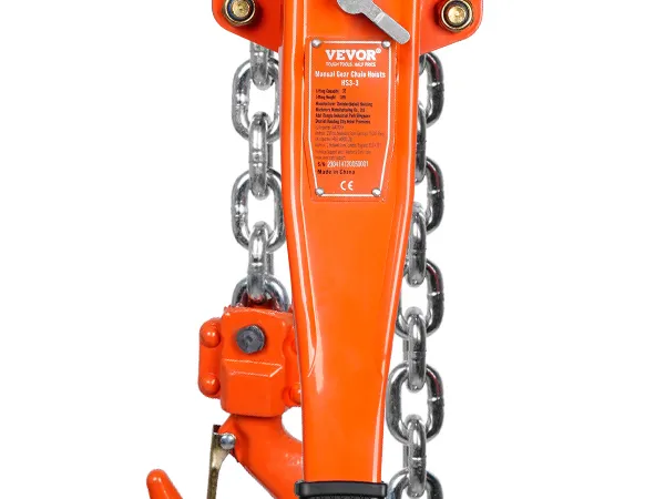 orange VEVOR manual lever chain hoist with metal chains and safety hook.