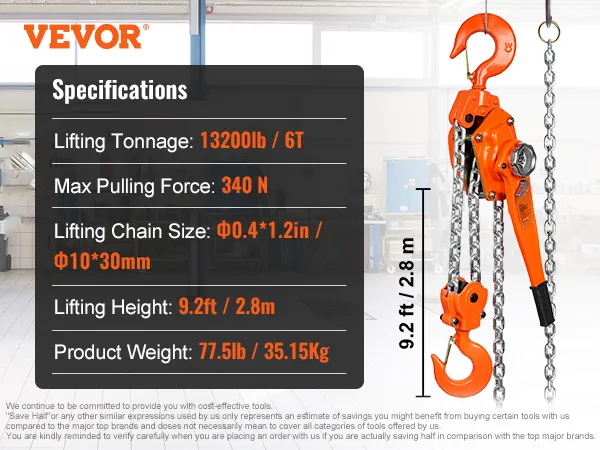 VEVOR chain hoist specifications: 13200lb lifting, 340n pulling force, 9.2ft height, 77.5lb weight, hq image.