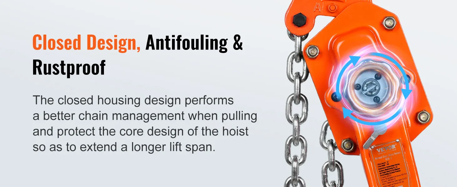 VEVOR chain hoist with orange closed design, antifouling, rustproof features, and manual gear system.