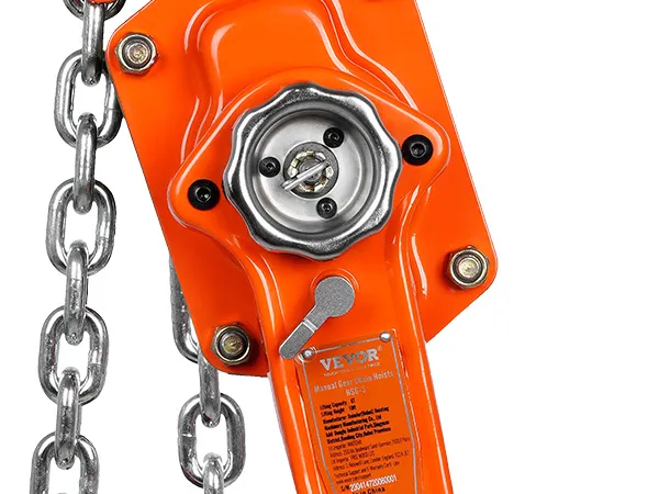 orange VEVOR chain hoist with rugged metal chains and sturdy construction. manual gear chain hoists model.