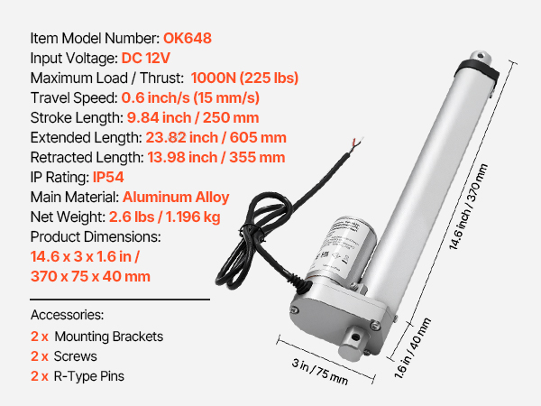 VEVOR 12V Linear Actuator, 9.84 Inch High Speed 0.6