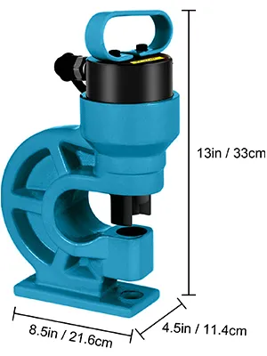 Perforadora hidráulica azul VEVOR con dimensiones etiquetadas para altura y ancho de base.