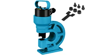 Perforadora hidráulica azul VEVOR con accesorios que incluyen llave y pernos.