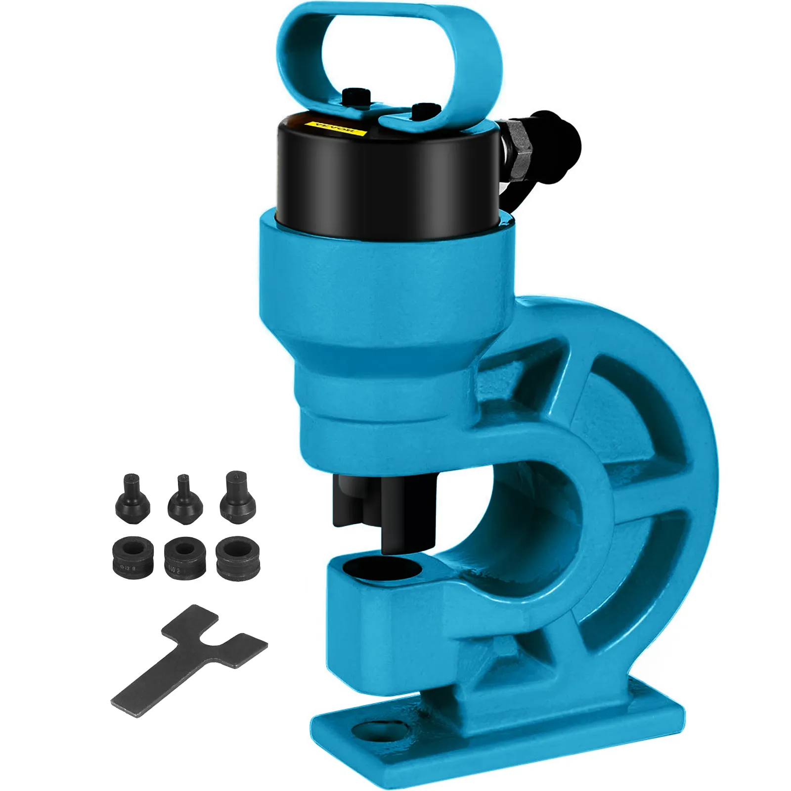 Perforadora hidráulica azul VEVOR con accesorios y base.