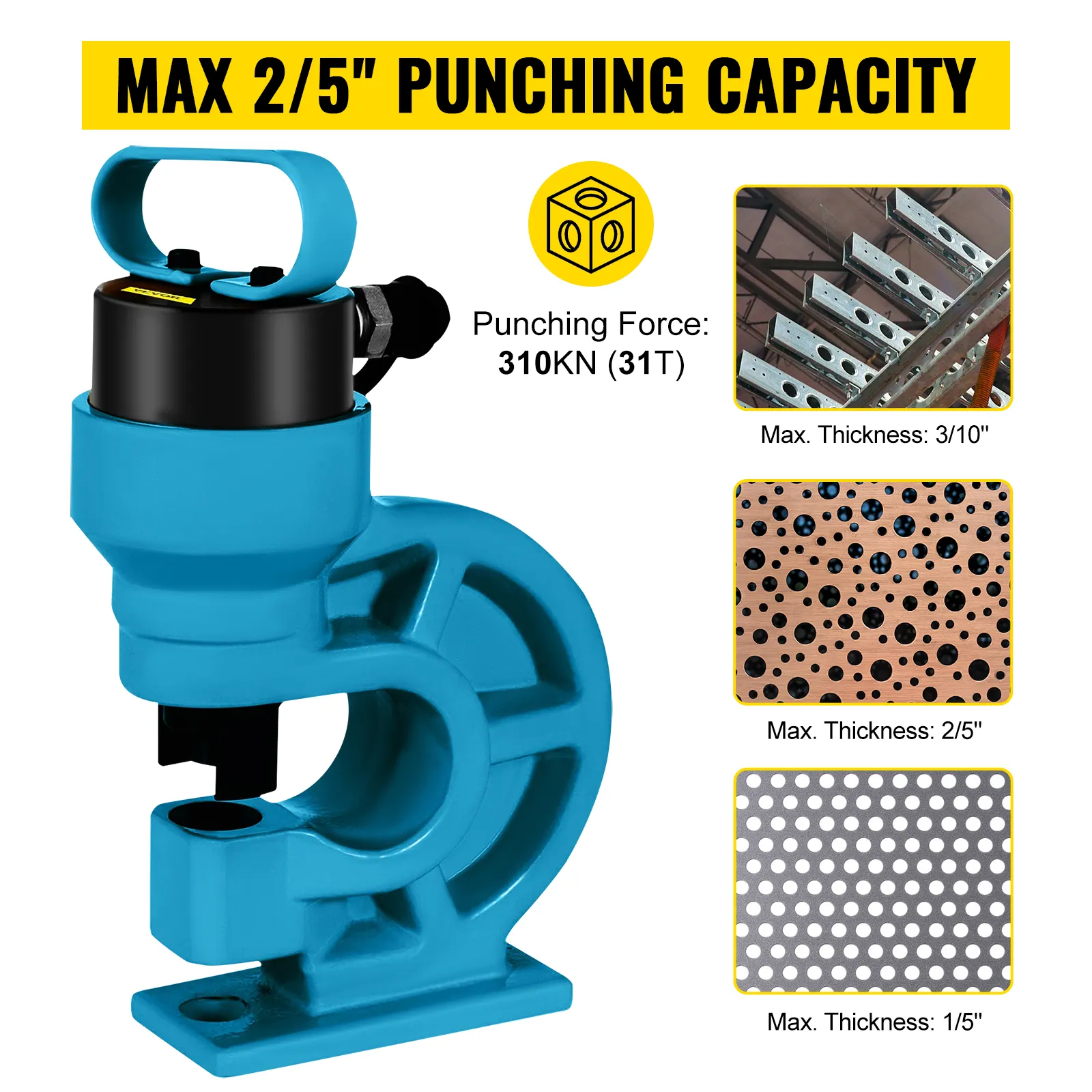 Perforadora hidráulica VEVOR, capacidad máxima de 2/5", fuerza de 310 kN, herramienta azul.