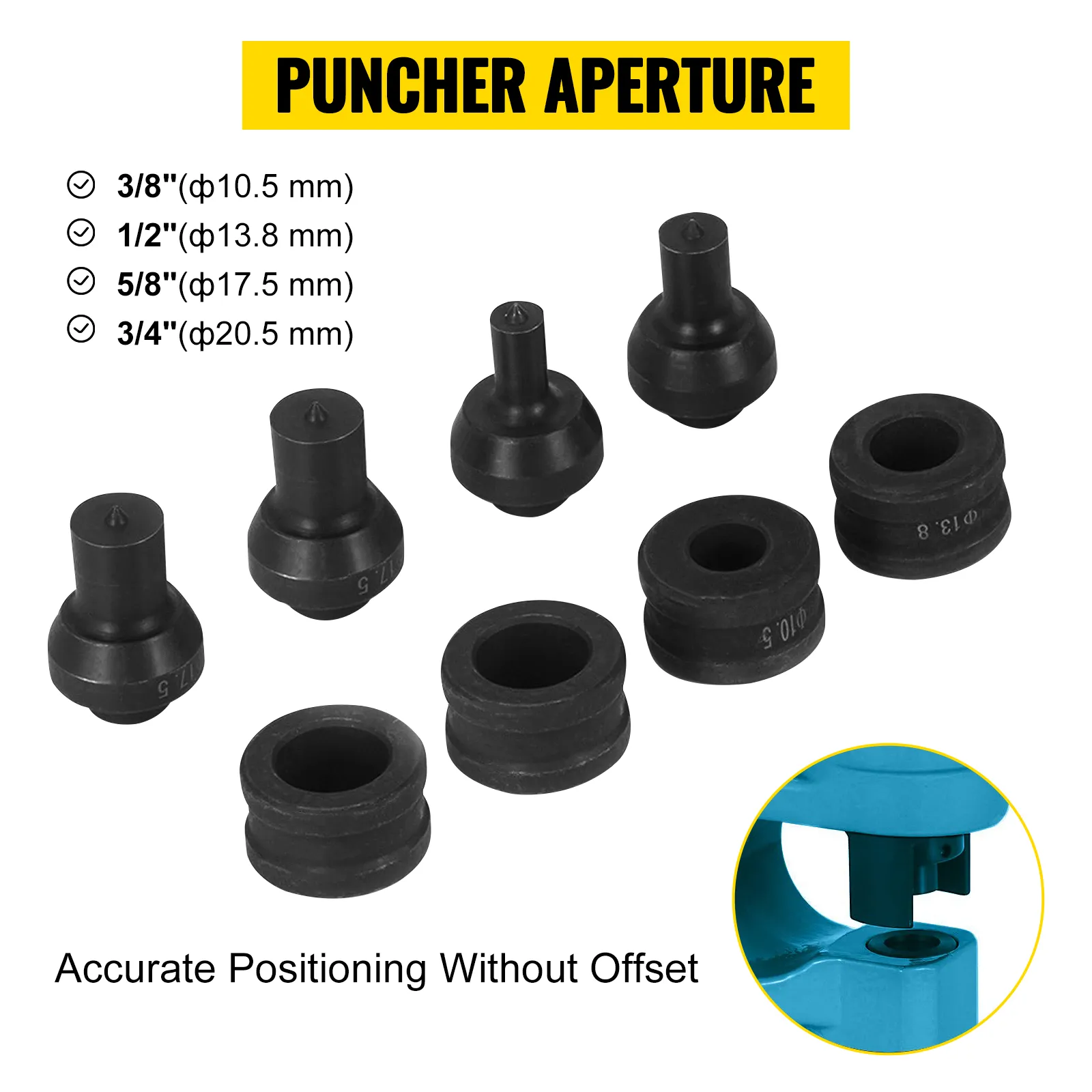 Perforadora hidráulica VEVOR con varias aberturas de perforación: 3/8", 1/2", 5/8", 3/4".