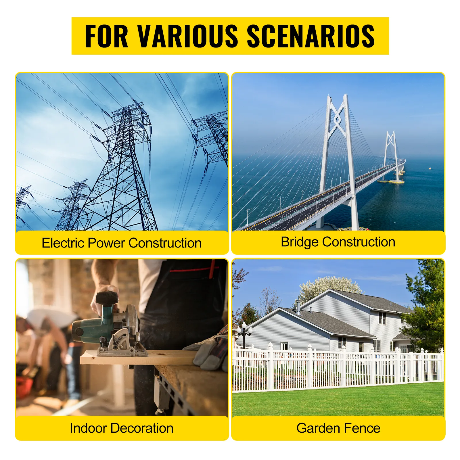 Varias aplicaciones de la perforadora hidráulica VEVOR: eléctrica, puente, interior y jardín.