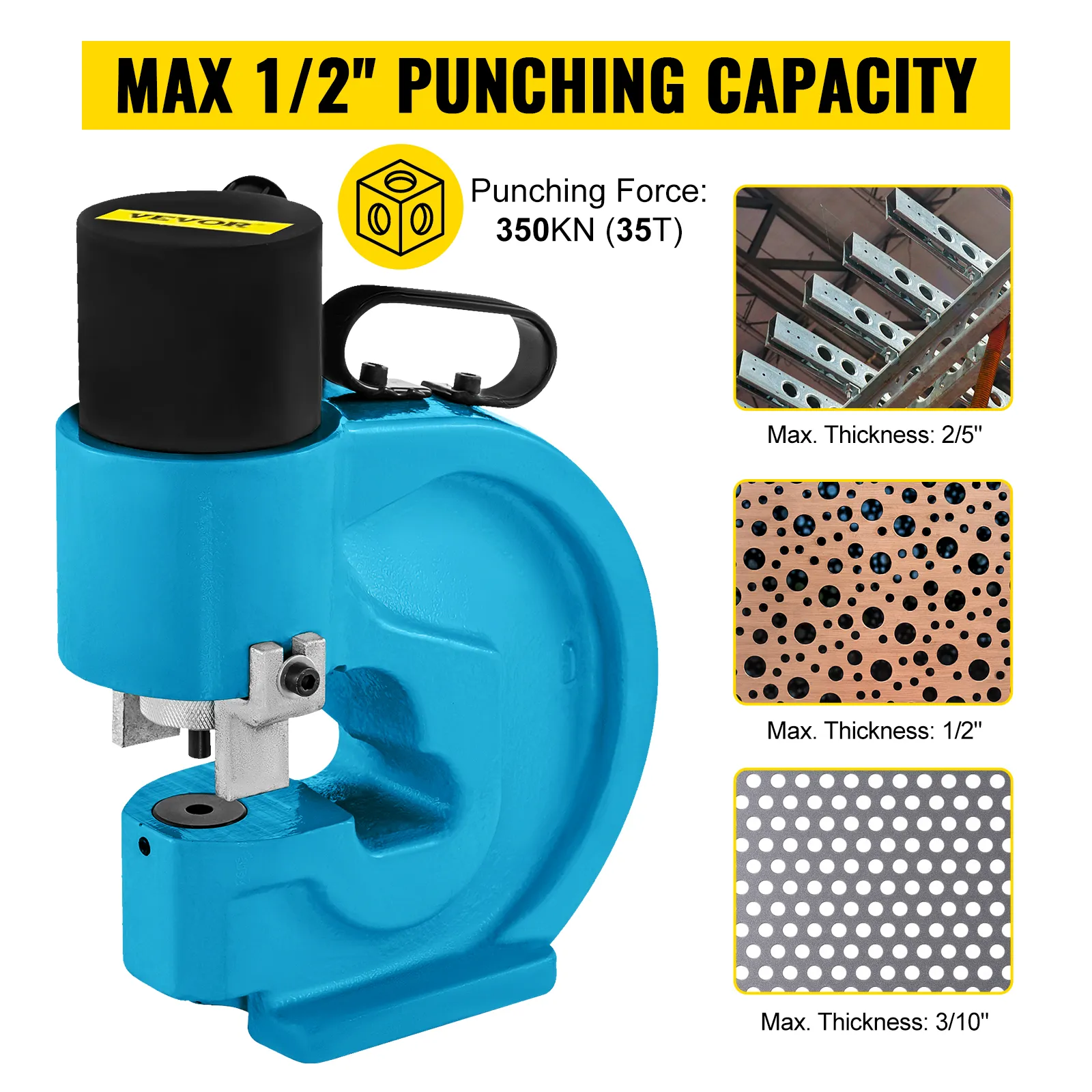 VEVOR hydraulic hole punching tool with 1/2" capacity and 350kn (35t) punching force.