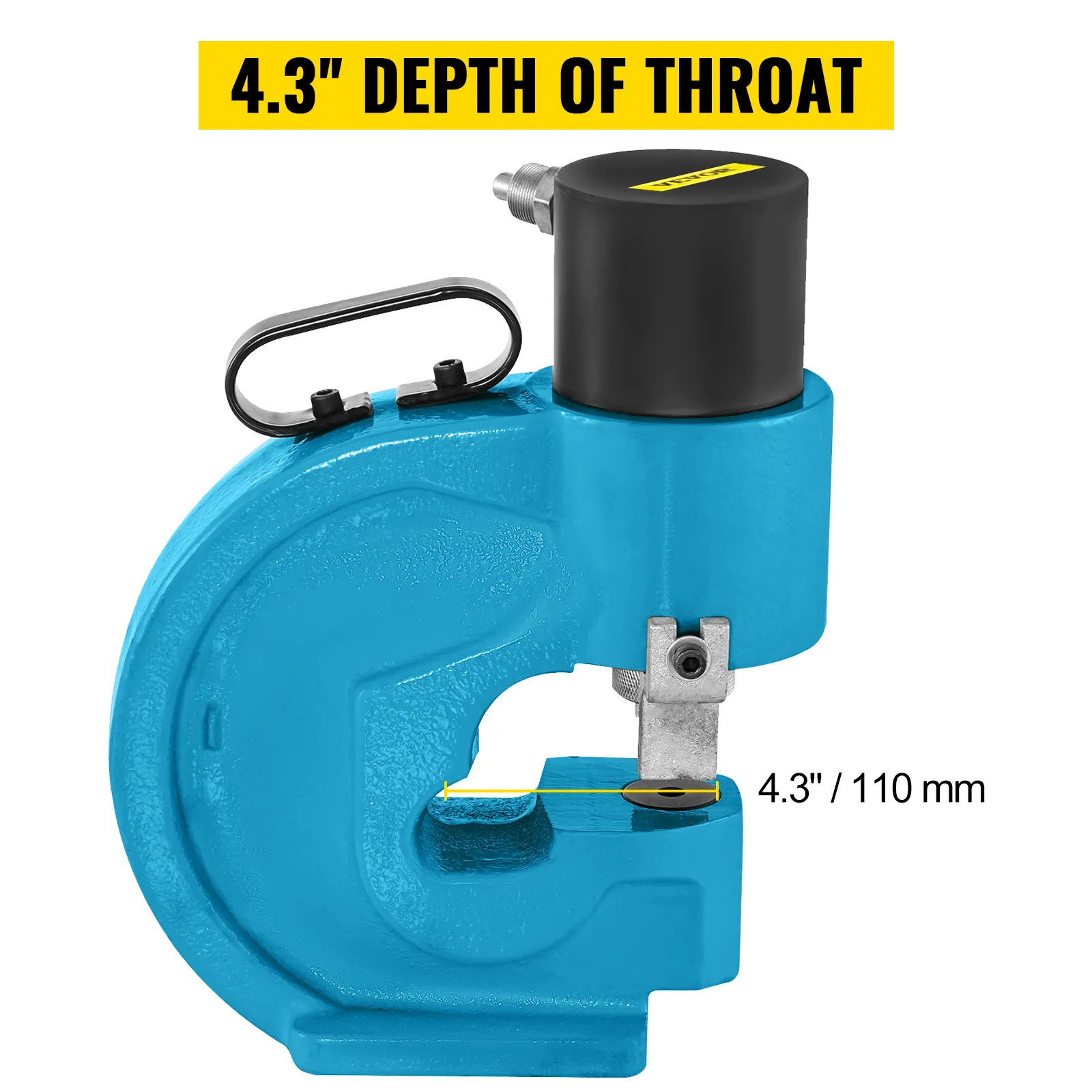 VEVOR hydraulic hole punching tool with 4.3" depth of throat in blue.