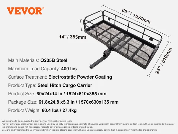 VEVOR trail hitch cargo carrier, steel, 60"x24"x14", q235b material, 400 lbs capacity, electrostatic coating.