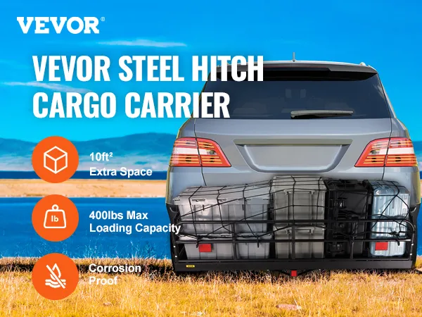 VEVOR trail hitch cargo carrier attached to an suv, providing 10ft² extra space and 400lbs capacity.
