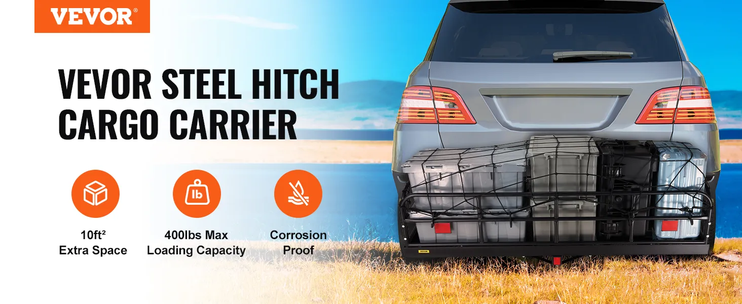 VEVOR trail hitch cargo carrier attached to an suv, providing 10ft² extra space and 400lbs capacity.