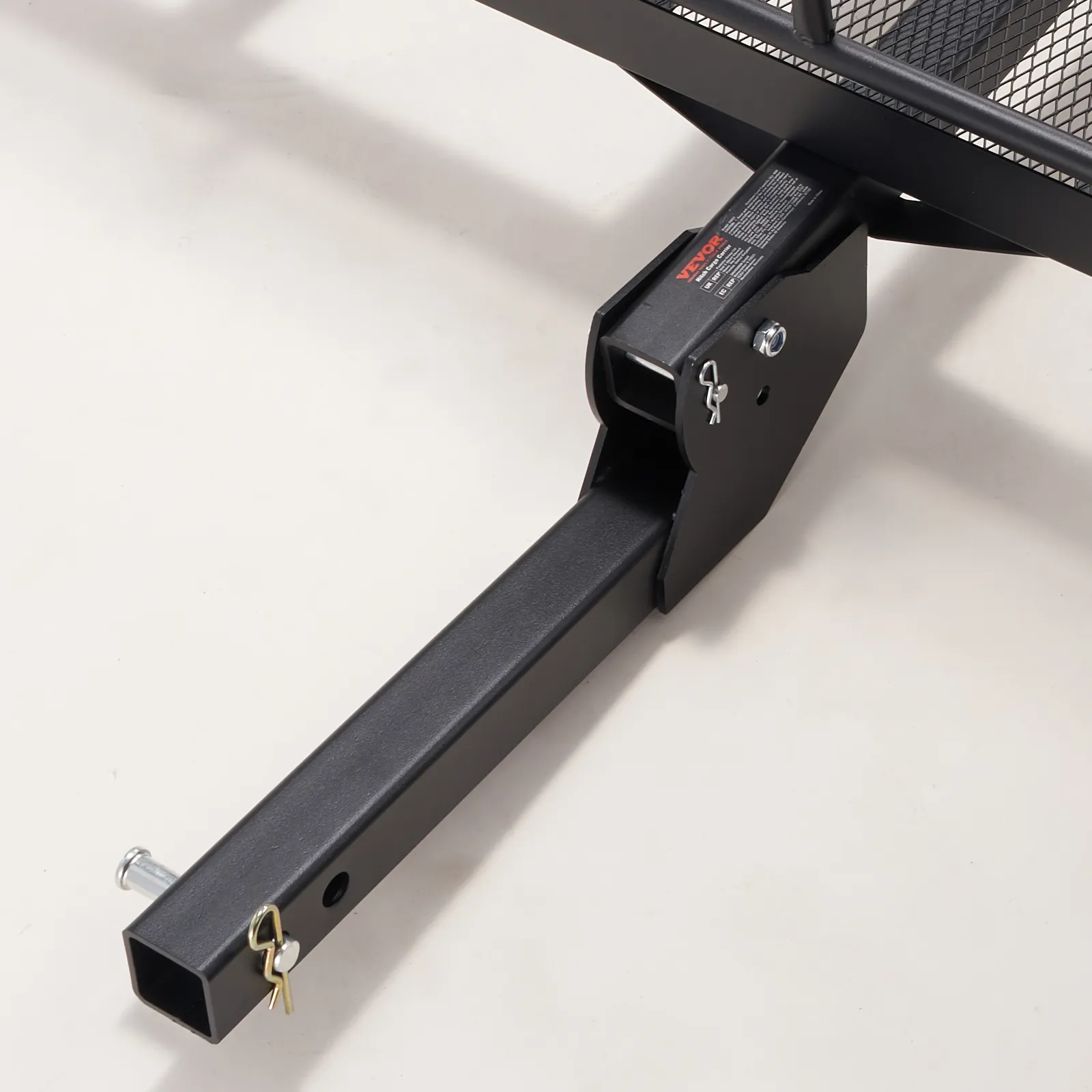 VEVOR trail hitch cargo carrier showing black metal hitch and securing pins.