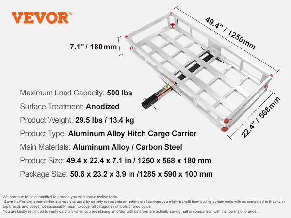 VEVOR hitch cargo carrier specifications, 49.4" x 22.4" x 7.1", max load capacity 500 lbs, anodized finish.