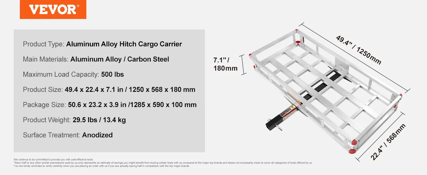 VEVOR hitch cargo carrier specifications, 49.4" x 22.4" x 7.1", max load capacity 500 lbs, anodized finish.