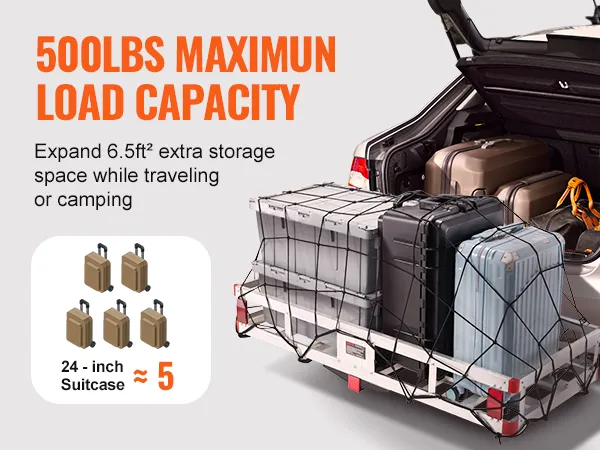500lbs load capacity, VEVOR hitch cargo carrier loaded with suitcases, expanding travel storage.