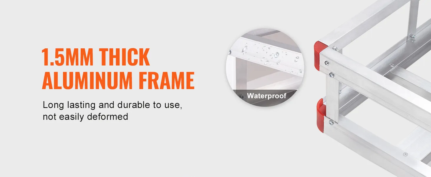 1.5mm thick aluminum frame of the VEVOR hitch cargo carrier, durable and waterproof.
