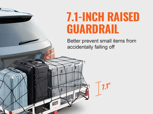VEVOR hitch cargo carrier with 7.1-inch raised guardrail securing luggage behind a car.