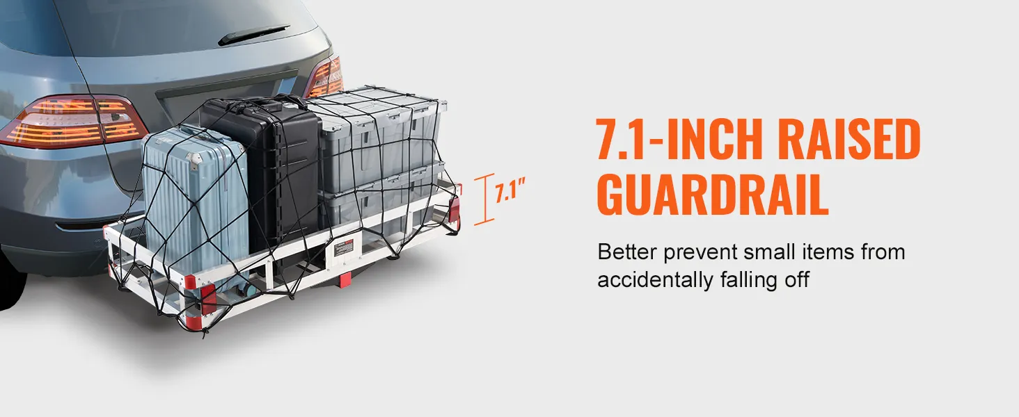 VEVOR hitch cargo carrier with 7.1-inch raised guardrail securing luggage behind a car.