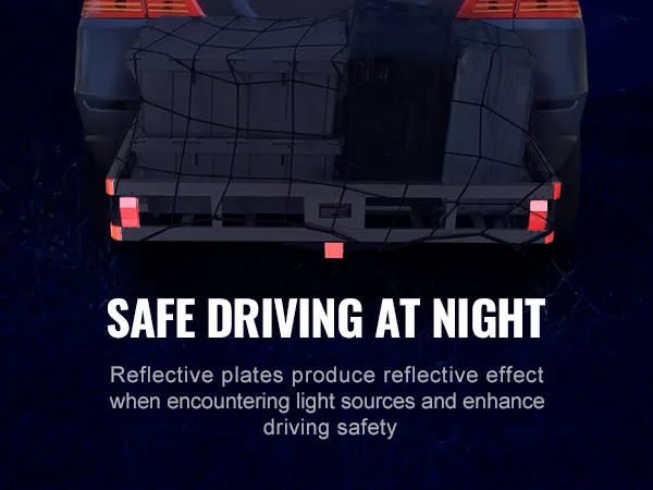 vehicle with VEVOR hitch cargo carrier, reflective plates for safe night driving.