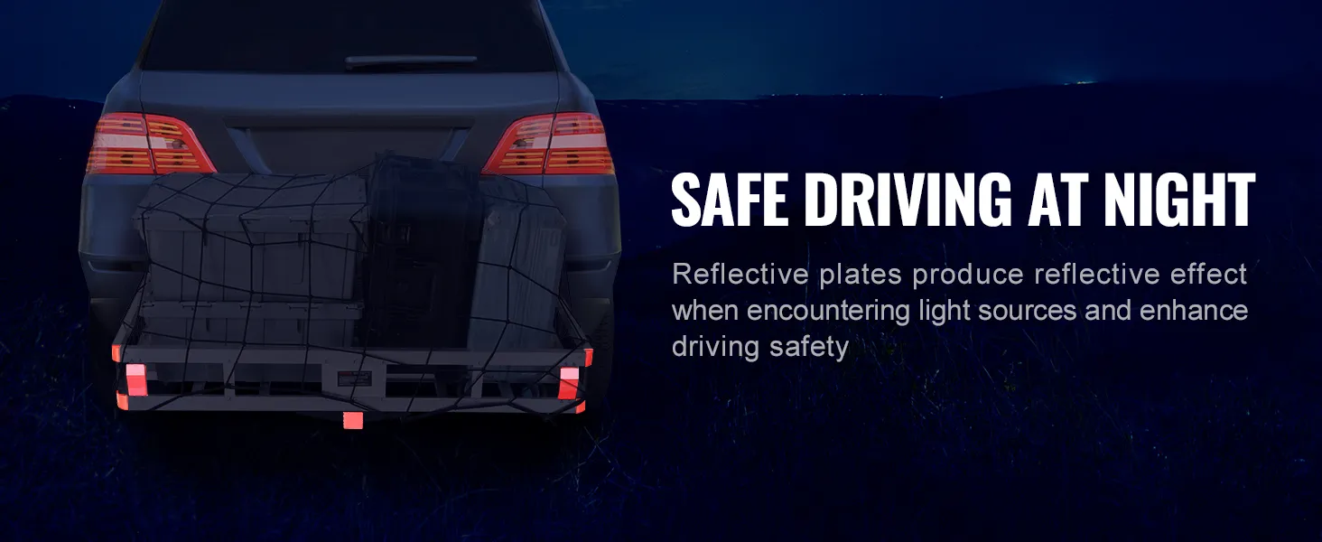 vehicle with VEVOR hitch cargo carrier, reflective plates for safe night driving.