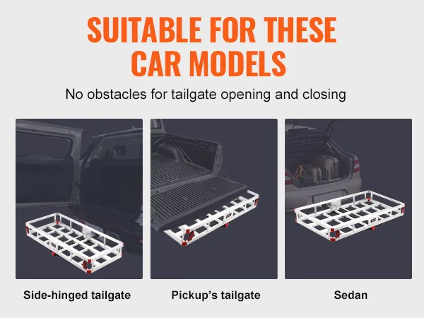 VEVOR hitch cargo carrier compatible with pickup, side-hinged, and sedan tailgates for unobstructed use.