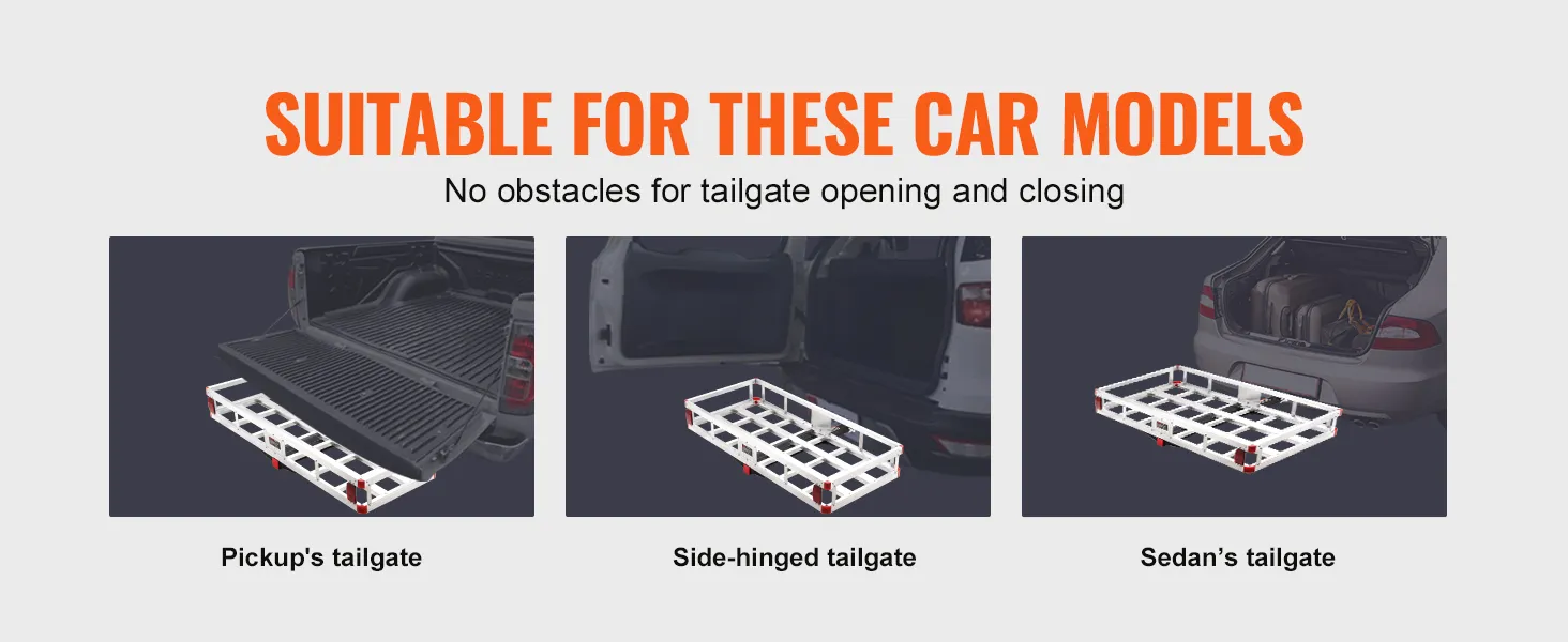 VEVOR hitch cargo carrier compatible with pickup, side-hinged, and sedan tailgates for unobstructed use.