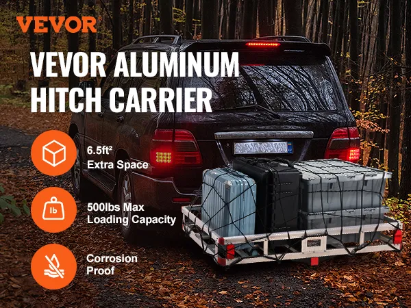 suv on forest road with VEVOR hitch cargo carrier loaded with bins and luggage, highlighting extra space.