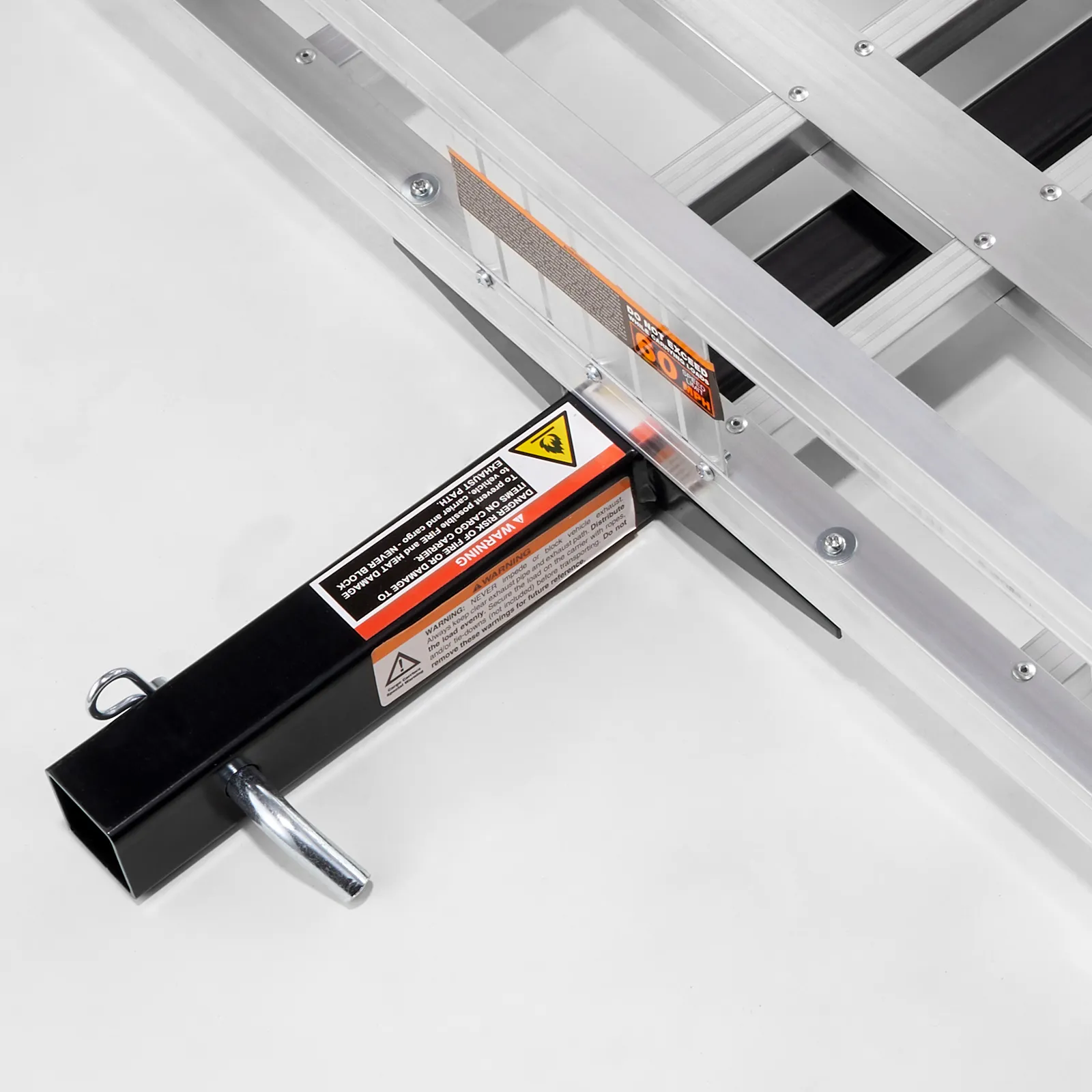 VEVOR hitch cargo carrier with mounting bracket and safety labels on metal frame.