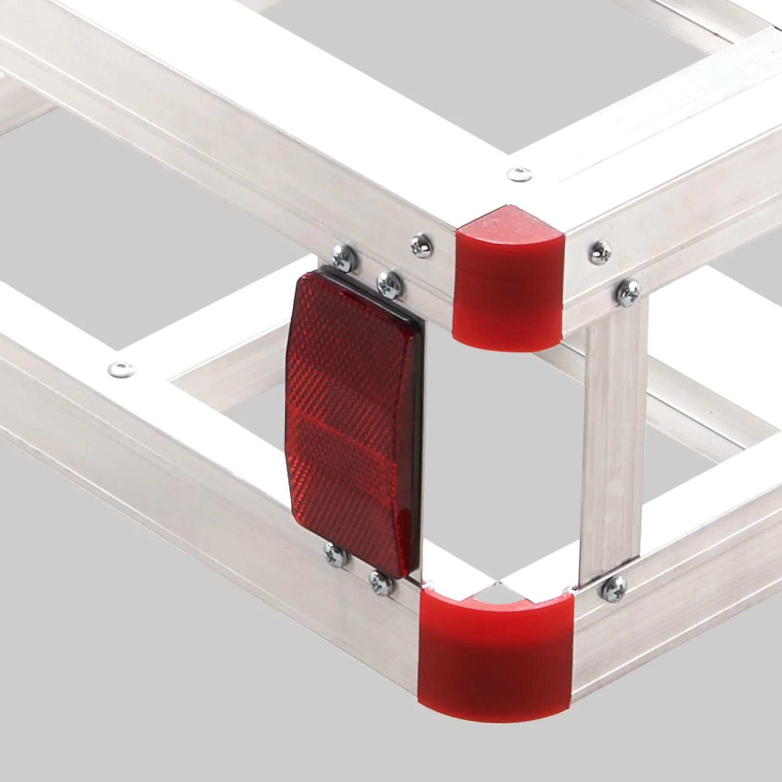 VEVOR hitch cargo carrier with aluminum frame and red reflectors.