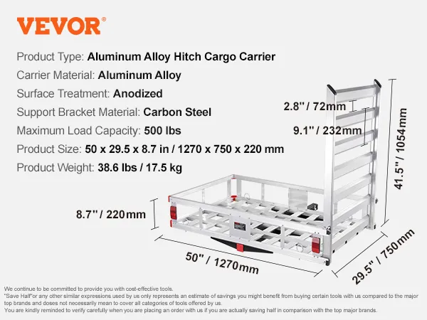VEVOR hitch cargo carrier specs: aluminum alloy, 50x29.5x8.7 in, 500 lbs capacity, 38.6 lbs weight.
