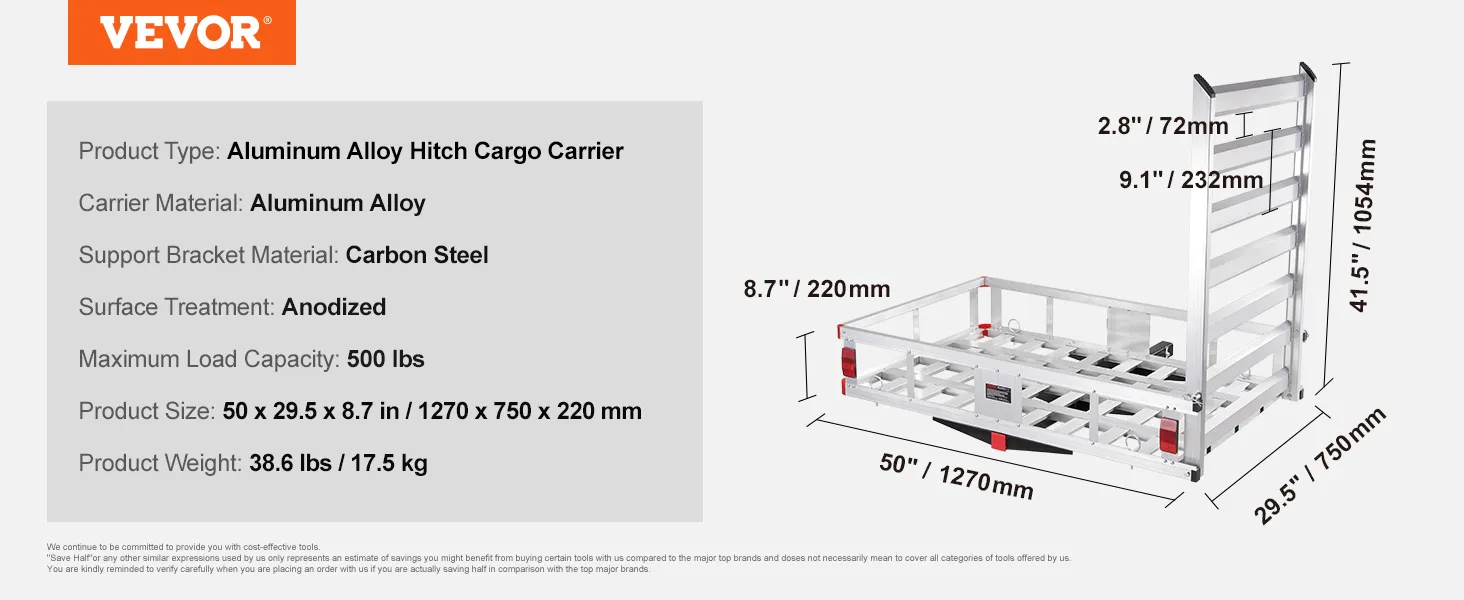 VEVOR hitch cargo carrier specs: aluminum alloy, 50x29.5x8.7 in, 500 lbs capacity, 38.6 lbs weight.