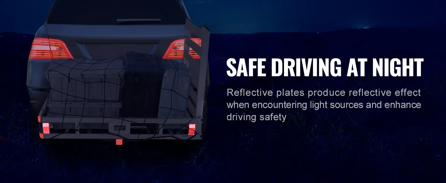 car with VEVOR hitch cargo carrier at night showing reflective plates for enhanced safety.