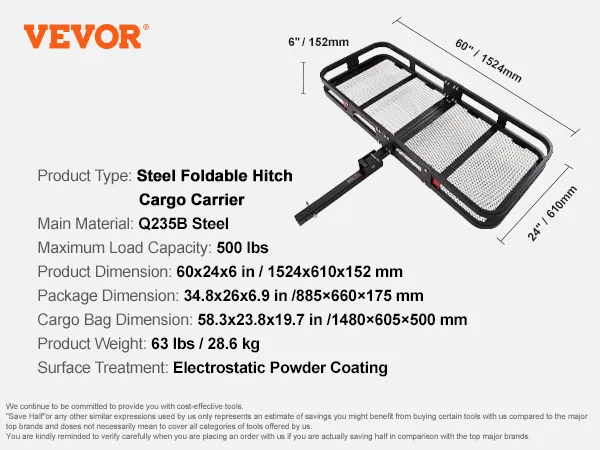 Portaequipajes de enganche VEVOR, acero, plegable, capacidad de 500 libras, 60 x 24 x 6 pulgadas, peso de 63 libras.
