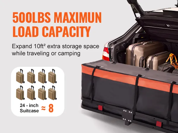 Portaequipaje de enganche VEVOR para automóvil con capacidad de carga máxima de 500 lb para almacenamiento de 10 pies², se adapta a ocho maletas de 24 pulgadas.