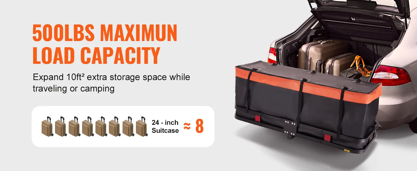 Portaequipaje de enganche VEVOR para automóvil con capacidad de carga máxima de 500 lb para almacenamiento de 10 pies², se adapta a ocho maletas de 24 pulgadas.
