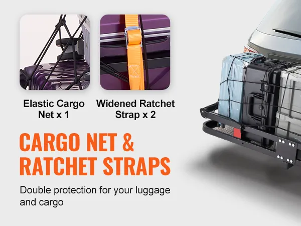 VEVOR hitch cargo carrier with elastic cargo net and ratchet straps securing luggage and cargo.