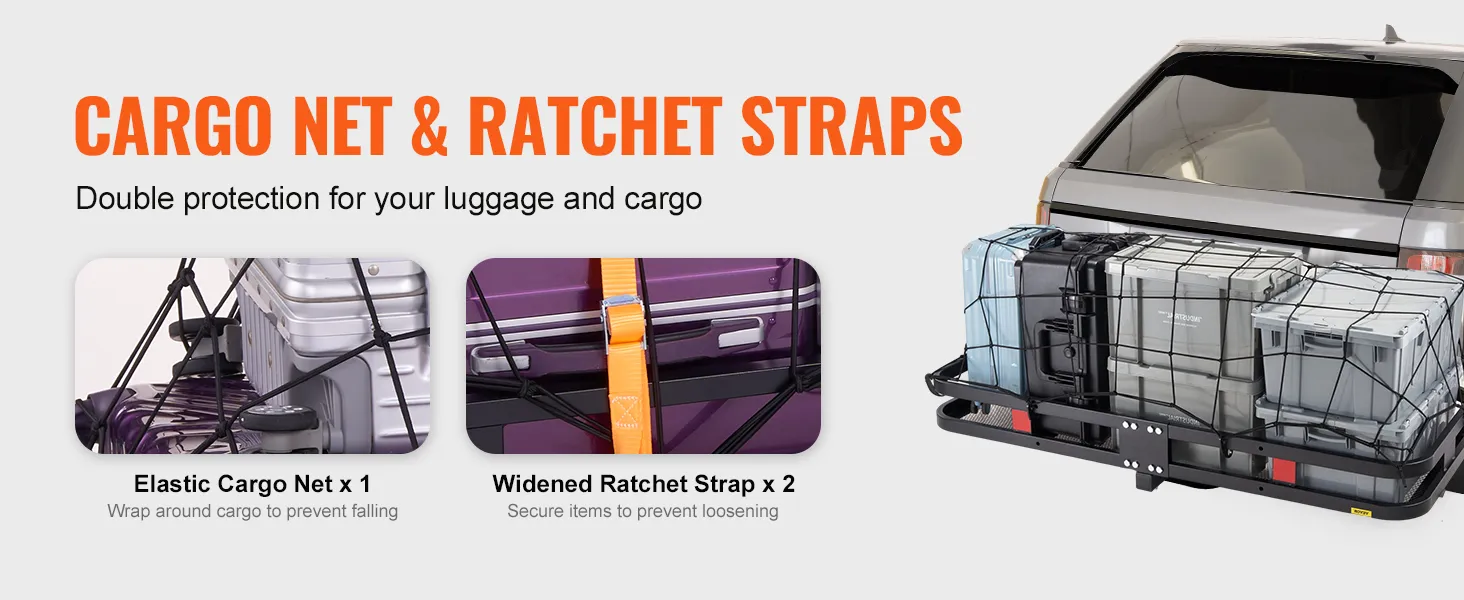 VEVOR hitch cargo carrier with elastic cargo net and ratchet straps securing luggage and cargo.