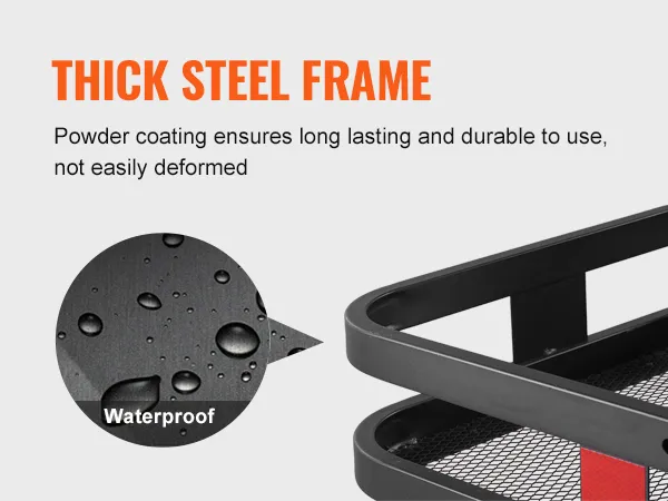 Marco de acero grueso con recubrimiento en polvo, lo que garantiza que el portaequipajes de enganche VEVOR sea duradero e impermeable.