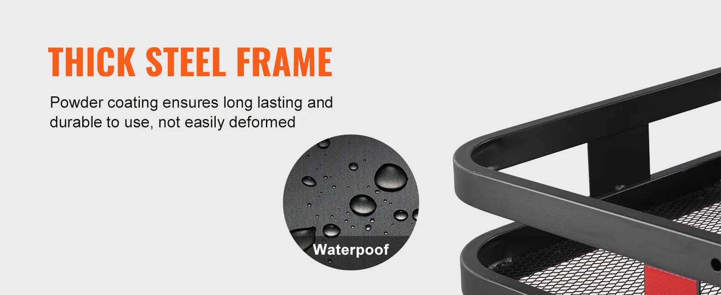 Marco de acero grueso con recubrimiento en polvo, lo que garantiza que el portaequipajes de enganche VEVOR sea duradero e impermeable.