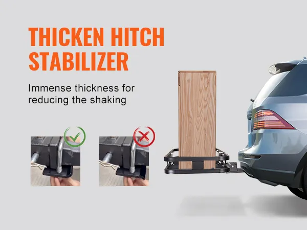 SUV azul con portaequipaje de enganche VEVOR, estabilizador grueso y caja de madera.