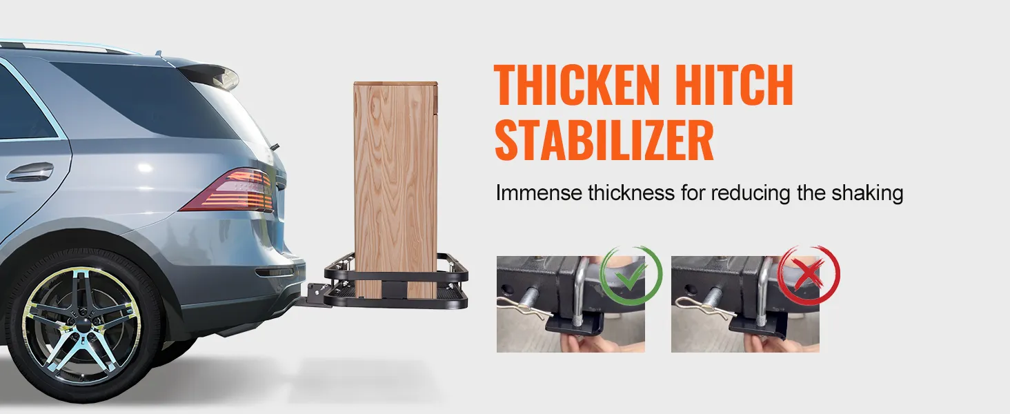 SUV azul con portaequipaje de enganche VEVOR, estabilizador grueso y caja de madera.