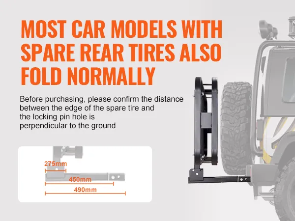most car models with spare rear tires can fold VEVOR hitch cargo carrier normally, with diagram dimensions.