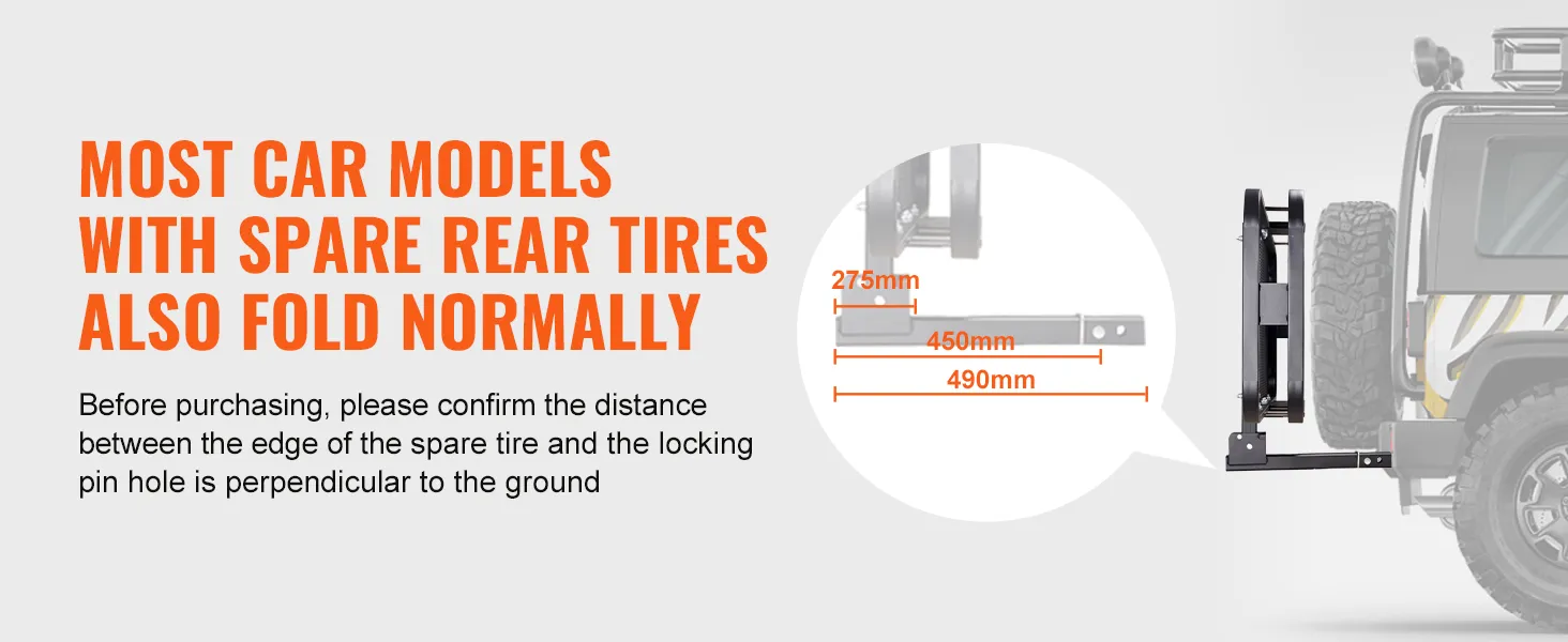most car models with spare rear tires can fold VEVOR hitch cargo carrier normally, with diagram dimensions.
