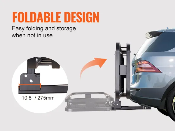 Portaequipaje de enganche VEVOR plegable acoplado al SUV, destacado para fácil plegado y almacenamiento.