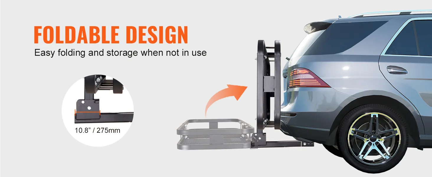 Portaequipaje de enganche VEVOR plegable acoplado al SUV, destacado para fácil plegado y almacenamiento.