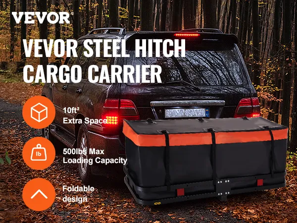 Portaequipaje de enganche VEVOR para SUV, 10 pies² de espacio adicional, carga máxima de 500 libras, diseño plegable, bosque otoñal.