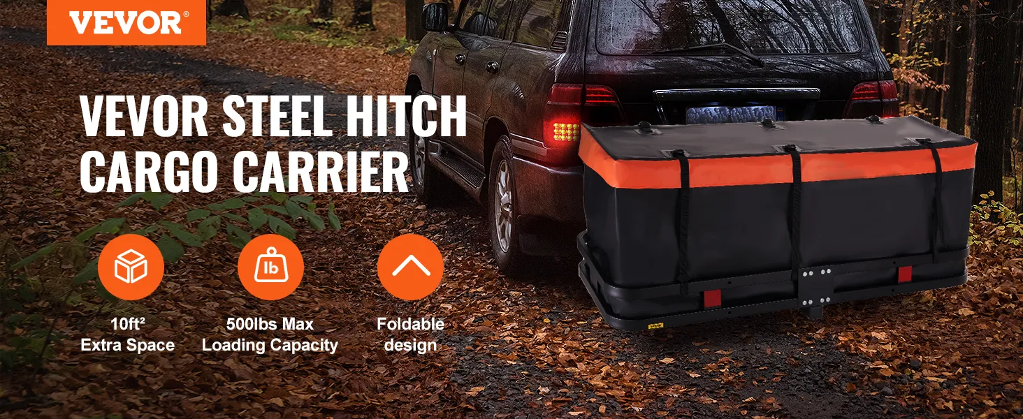 Portaequipaje de enganche VEVOR para SUV, 10 pies² de espacio adicional, carga máxima de 500 libras, diseño plegable, bosque otoñal.